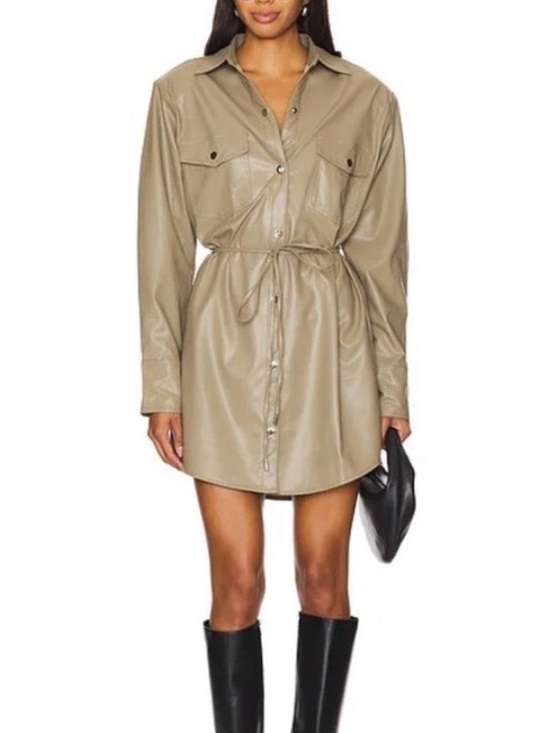 Nookie Dresses & Skirts - Nookie Off Duty Shirt Dress Khaki Faux Leather Mini Tie Waist Long Sleeve Small
